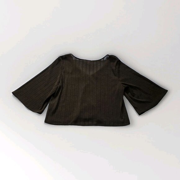H&M Top Womens L Brown Sheer SS Button Up Knit Ribbed Cropped Relaxed Whimsigoth - Picture 15 of 15